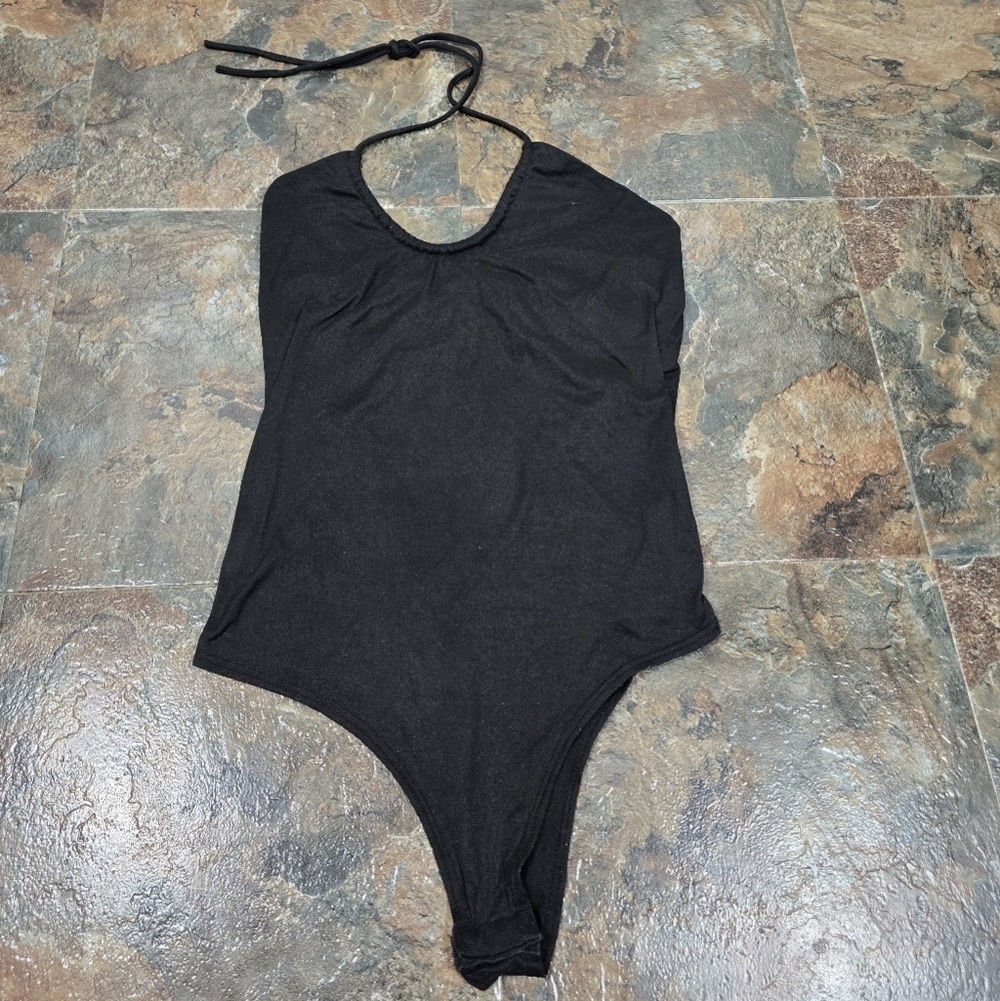 gaze solid black halter bodysuit women's size small